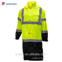 Capuz de classe 3 capa de chuva reflexiva de alta visibilidade por atacado Rainwear capa de chuva Hi-Viz de fundo preto impermeável capa de chuva longa Mens